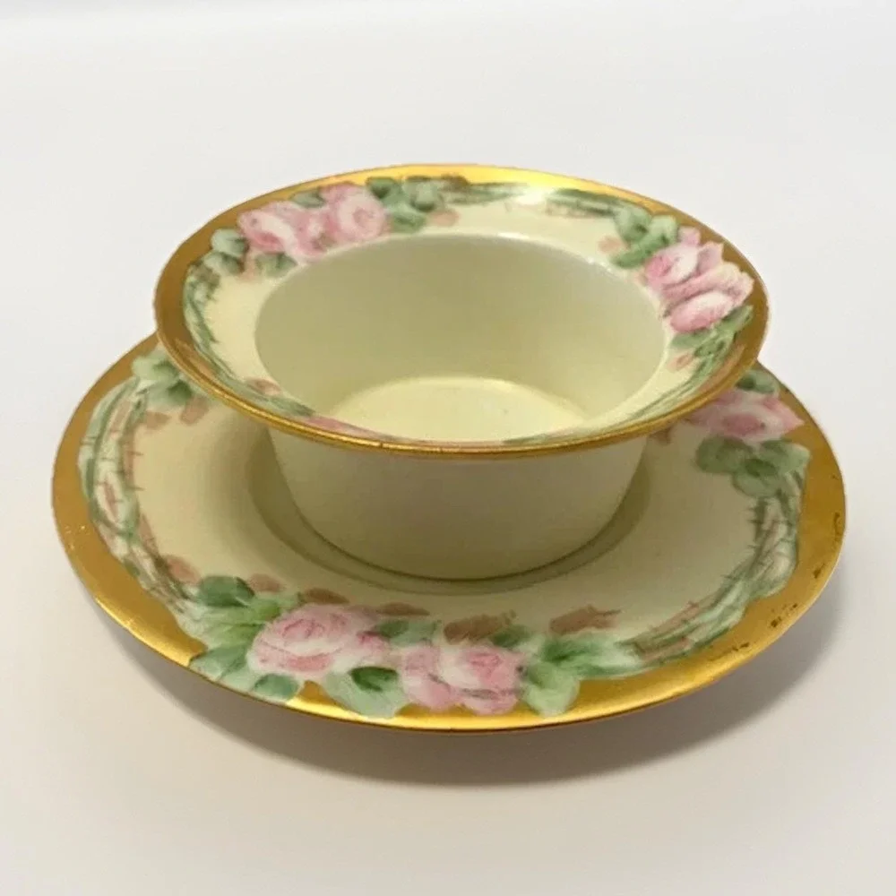 Antique Ramekin and Saucer Weimar Regency Side Dish Hand Painted Gold Rose VTG